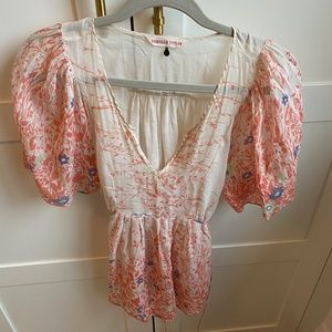 REBECCA TAYLOR SHEER FLORAL TOP WITH TIES